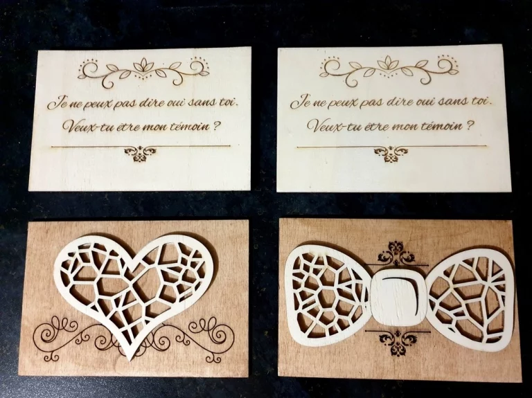 Réalisation de cartes en bois pour demande de témoin. Les cartes "femmes" ont un coeur, celles pour les hommes ont un noeud papillon.